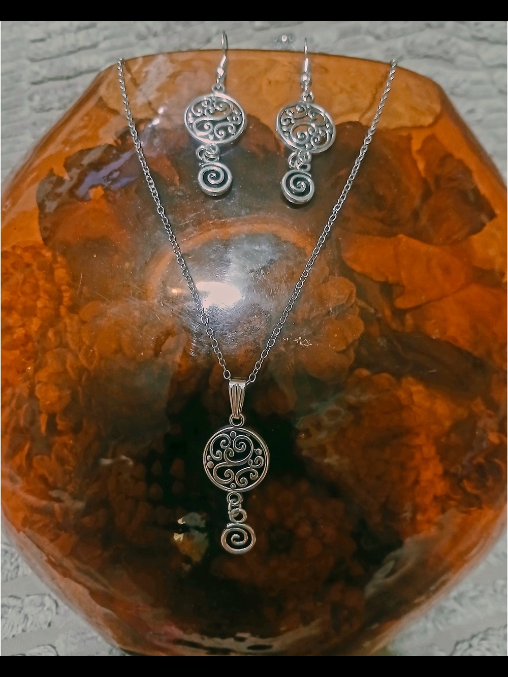 Hand Crafted Silver Scroll Drop Necklace and Earring Set NT